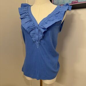 LOFT Blue Ruffle V-Neck Ribbed Tank Top Sleeveless Button Front Size Medium NWT